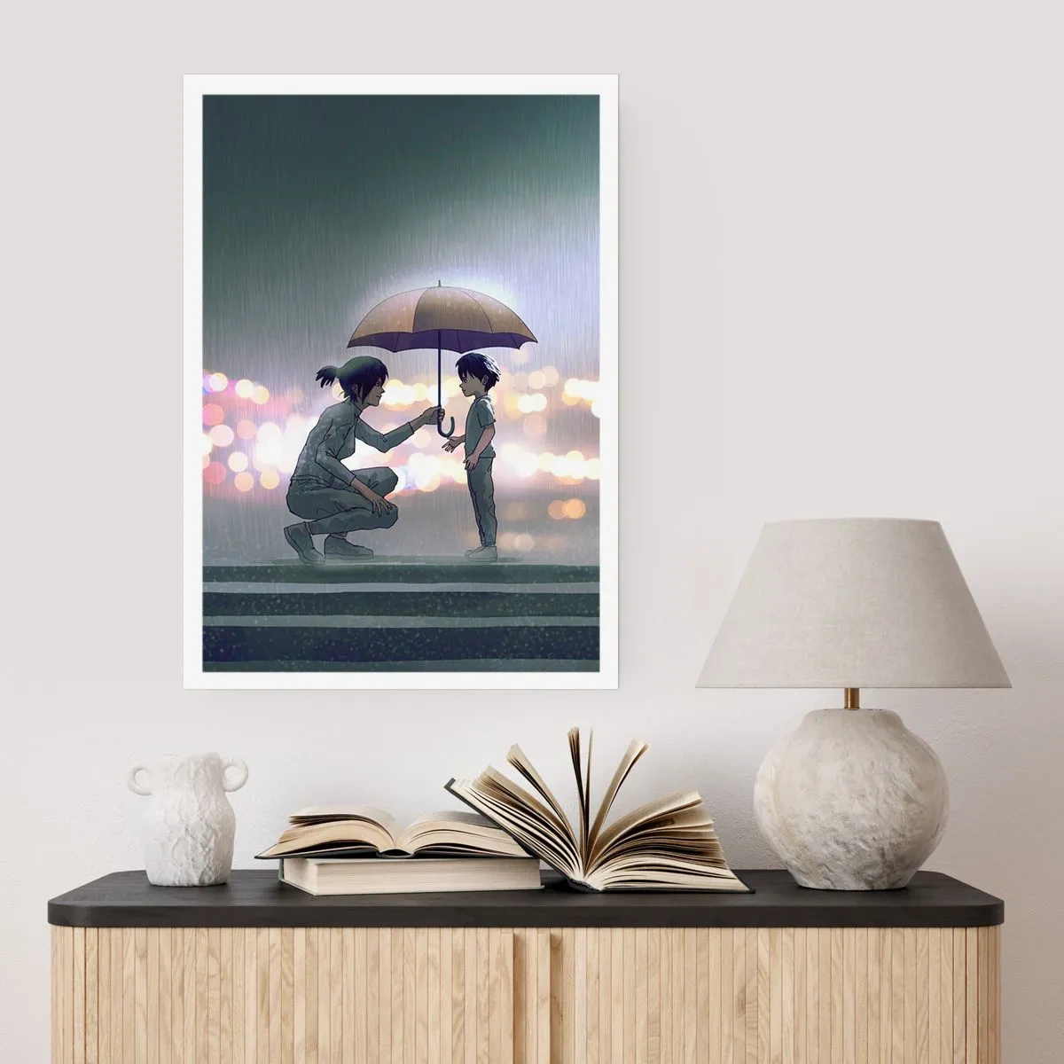 Plakat - Osoba dorosła wręczająca parasolkę dziecku na tle deszczu - 50x70cm - I już jest wszystko dobrze - Nowoczesna dekoracja ścienna do salonu, kuchni i sypialni ARTTOR