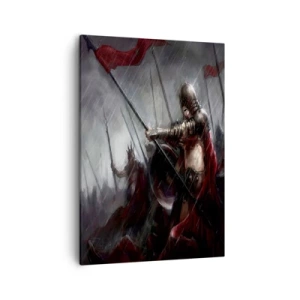 Obraz na płótnie - Rycerz w bitwie w deszczu - 50x70cm - Przechodniu, powiedz Sparcie… - Nowoczesna dekoracja ścienna do salonu, kuchni i sypialni ARTTOR