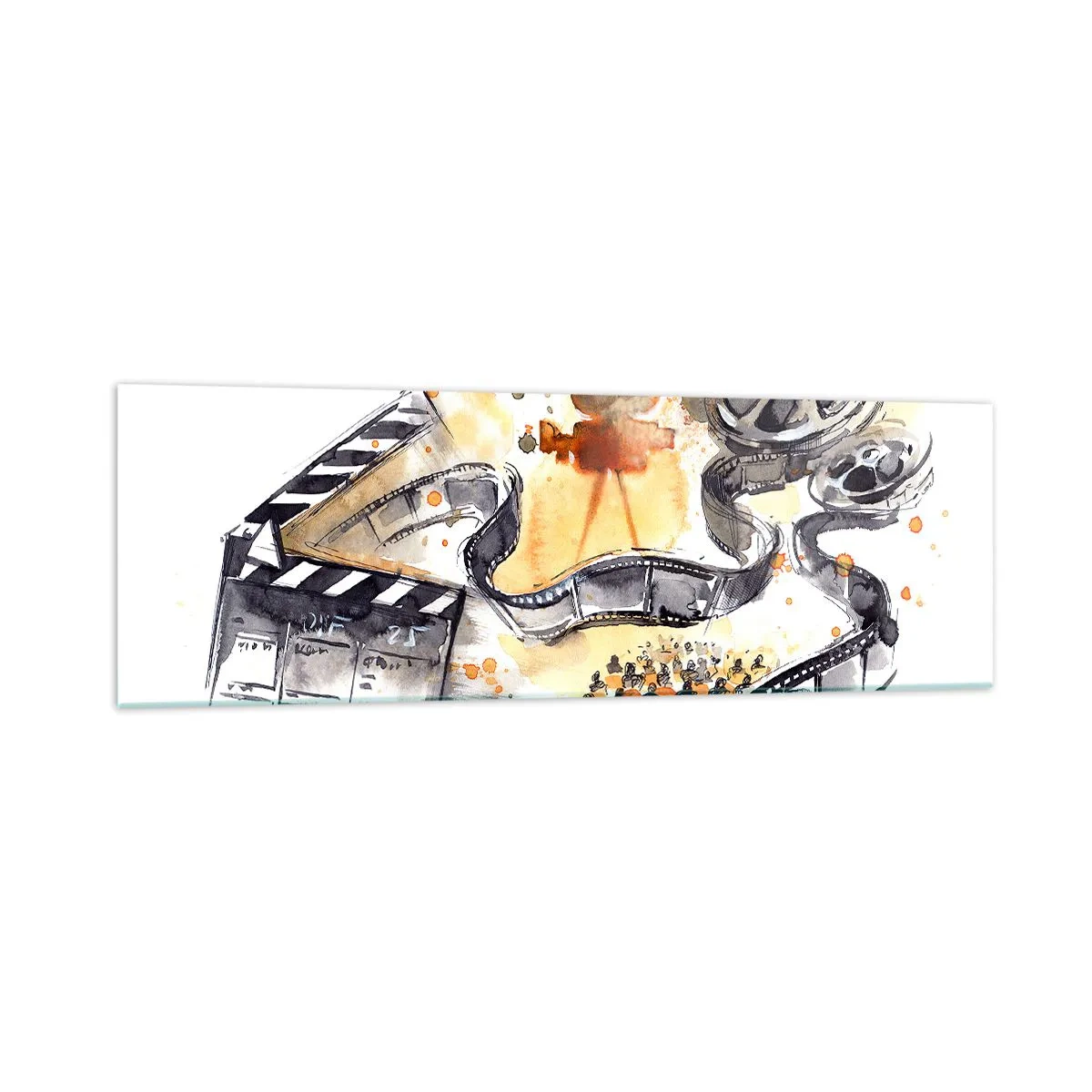 Obraz na szkle - Symbolika kina z filmową taśmą w artystycznej akwareli - 160x50cm - W krainie snów - Nowoczesna dekoracja ścienna do salonu i sypialni ARTTOR