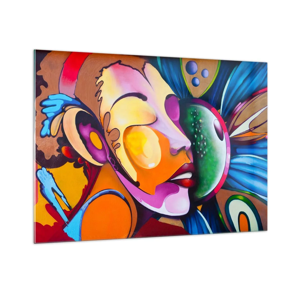 Obraz na szkle - Kolorowa abstrakcja twarzy w stylu street art - 100x70cm - Dotknąć kolorem - Nowoczesna dekoracja ścienna do salonu, kuchni i sypialni ARTTOR
