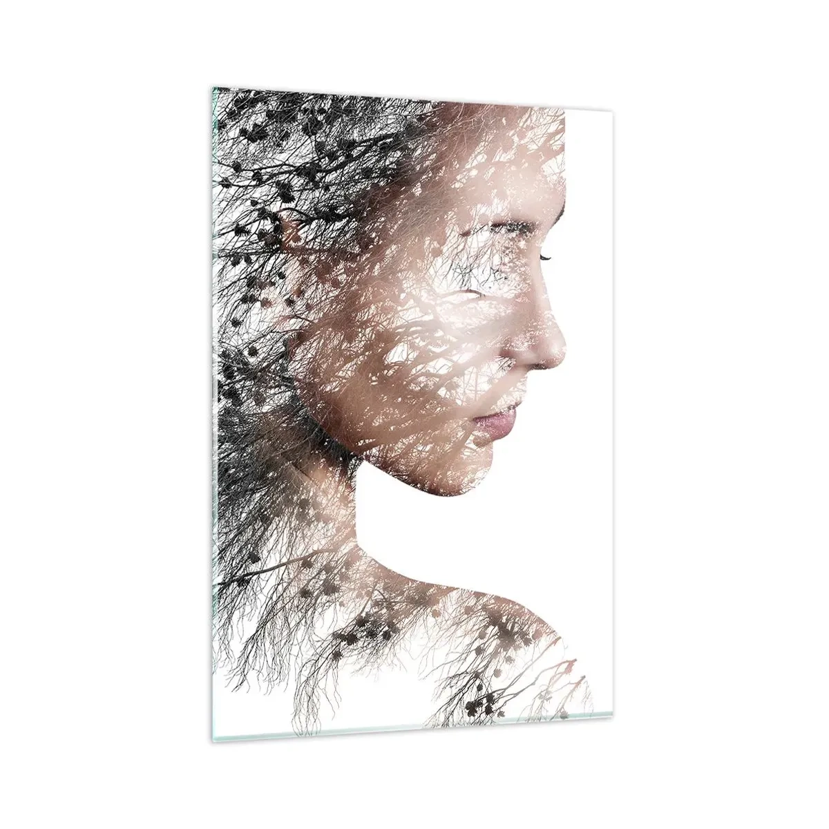 Obraz na szkle - Sylwetka kobiety z motywem gałęzi i ptaka w tle - 80x120cm - Duch lasu - Nowoczesna dekoracja ścienna do salonu i sypialni ARTTOR