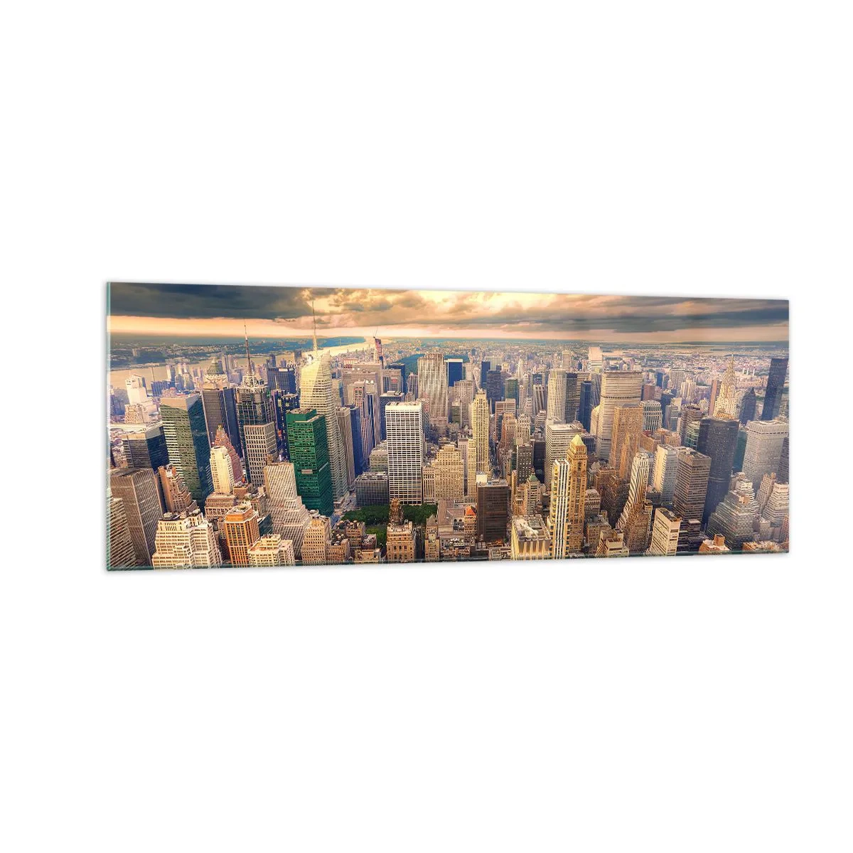 Obraz na szkle - Panorama miasta z widokiem na drapacze chmur o zachodzie słońca - 140x50cm - Wyzłocone metropolis - Nowoczesna dekoracja ścienna do salonu i sypialni ARTTOR