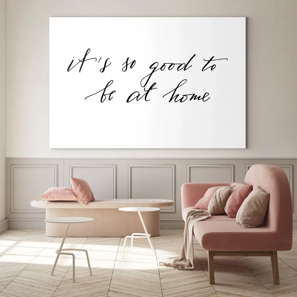 Obraz na szkle - Cytat 'It's so good to be at home' na białym tle - 70x50cm - Cała prawda - Nowoczesna dekoracja ścienna do salonu i sypialni ARTTOR