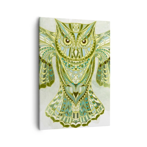 Obraz na płótnie - Abstrakcyjna sowa w odcieniach zieleni i błękitu, stworzona z geometrycznych kształtów - 50x70cm - Z celtyckiego świętego gaju - Nowoczesna dekoracja ścienna do salonu, kuchni i sypialni ARTTOR