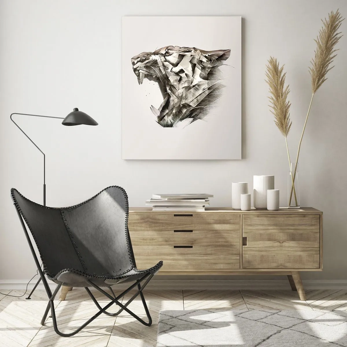 Obraz na szkle - Geometryczna ilustracja ryczącego tygrysa na jasnym tle - 50x70cm - Już wiesz, kto rządzi - Nowoczesna dekoracja ścienna do salonu, kuchni i sypialni ARTTOR