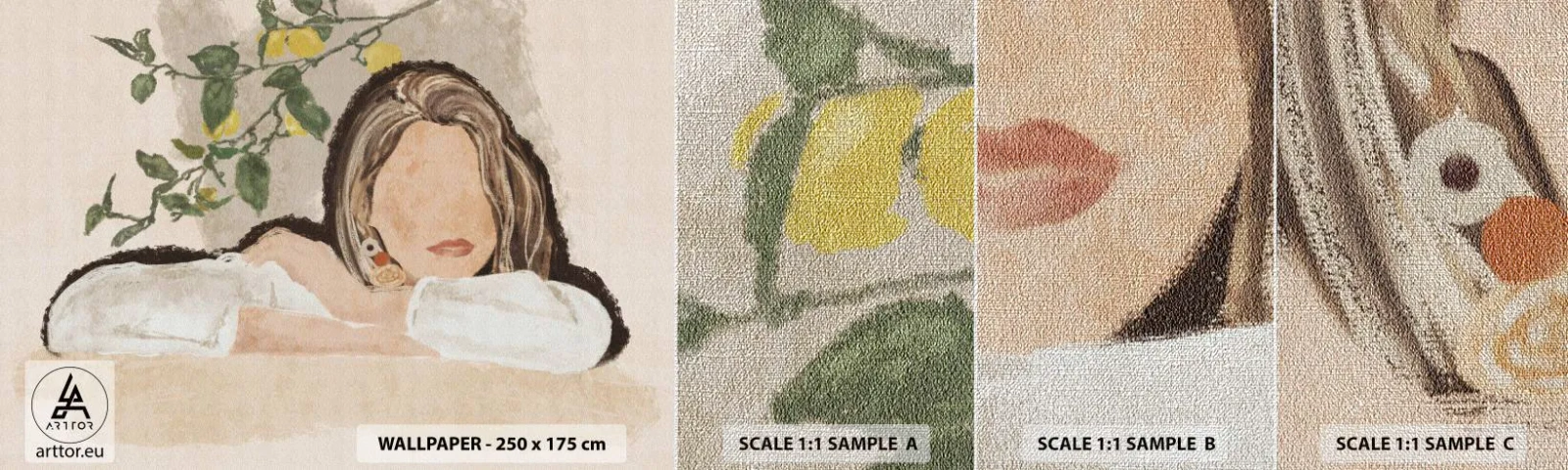 Fototapeta Próbka Premium Canvas - Piękność południa - Kobieta, Cytryny, Minimalizm - 100x30 cm