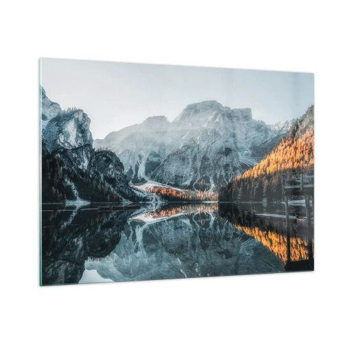 Obraz na szkle - Górski krajobraz odbijający się w spokojnej tafli jeziora - 100x70cm - Lustrzany pejzaż - Nowoczesna dekoracja ścienna do salonu, kuchni i sypialni ARTTOR