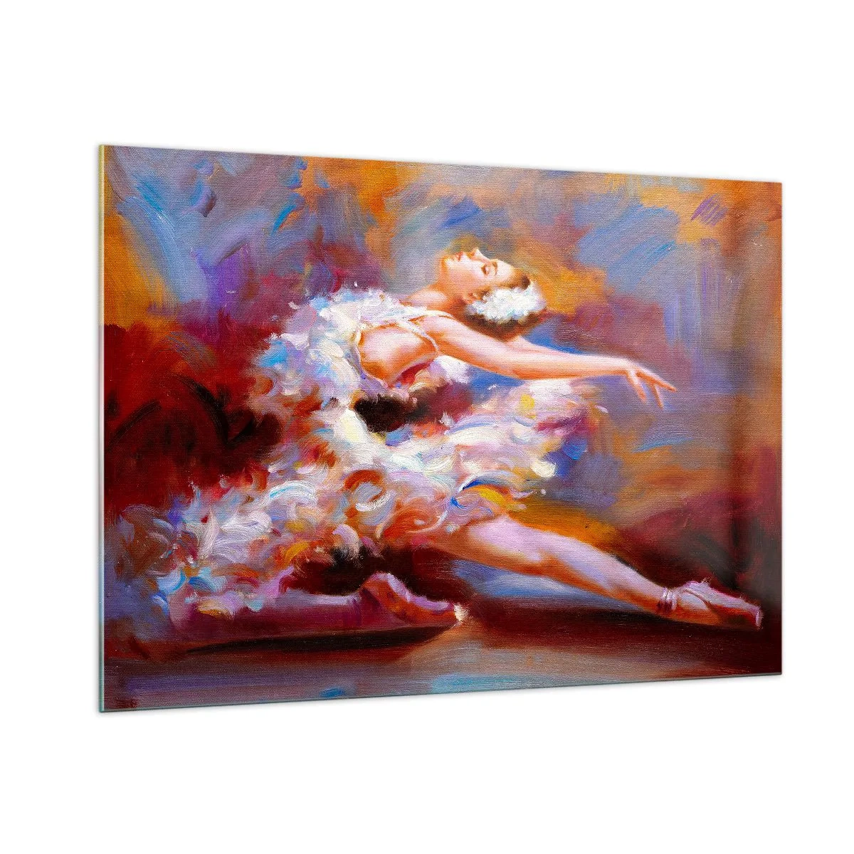 Obraz na szkle - Baletnica w dynamicznej pozie na tle abstrakcyjnych kolorów - 100x70cm - Łabędzia gracja - Nowoczesna dekoracja ścienna do salonu, kuchni i sypialni ARTTOR