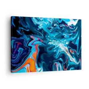 Obraz na płótnie - Abstrakcyjny wzór w odcieniach niebieskiego z akcentami pomarańczu - 70x50cm - Podróż do wnętrza nieba - Nowoczesna dekoracja ścienna do salonu i sypialni ARTTOR