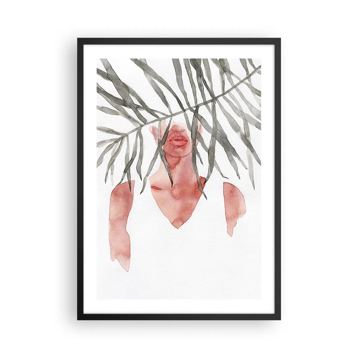 Plakat w czarnej ramie - Akwarelowa sylwetka kobiety ukrytej za liśćmi - 50x70cm - Dama tropików - Nowoczesna dekoracja ścienna do salonu i sypialni ARTTOR