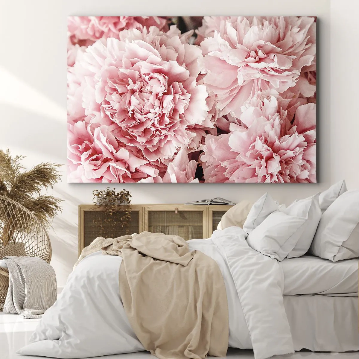 Obraz na płótnie - Subtelne różowe piwonie w delikatnym ujęciu - 70x50cm - Różowe marzenie - Nowoczesna dekoracja ścienna do salonu i sypialni ARTTOR