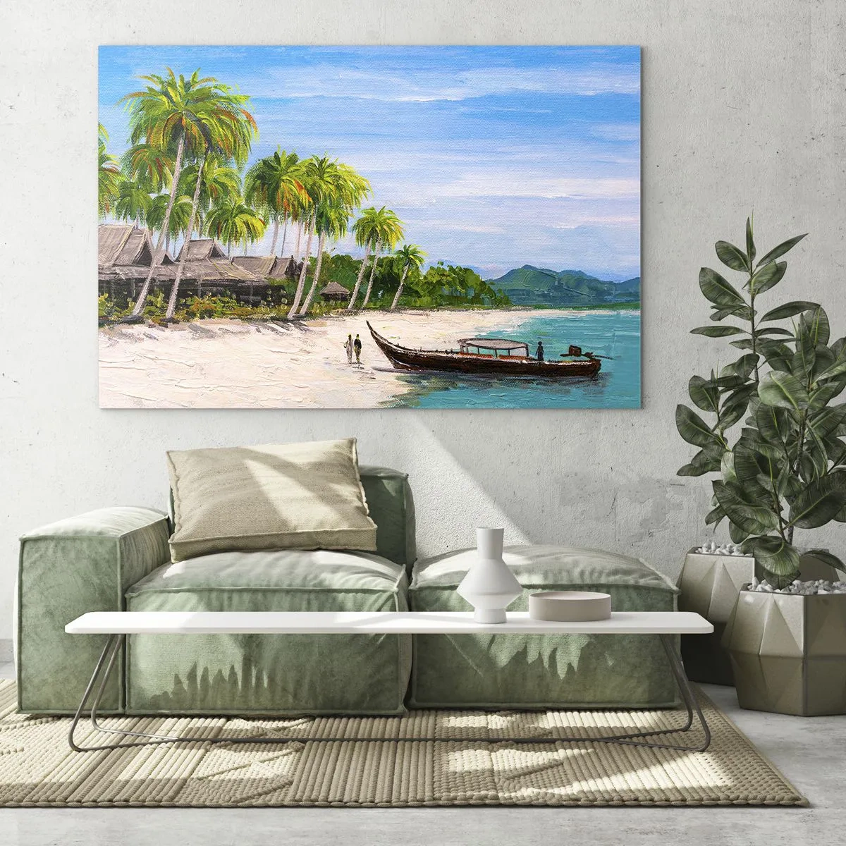 Obraz na szkle - Tropikalna plaża z łodzią i palmami przy tradycyjnych chatkach - 120x80cm - Egzotyczny sen - Nowoczesna dekoracja ścienna do salonu, kuchni i sypialni ARTTOR
