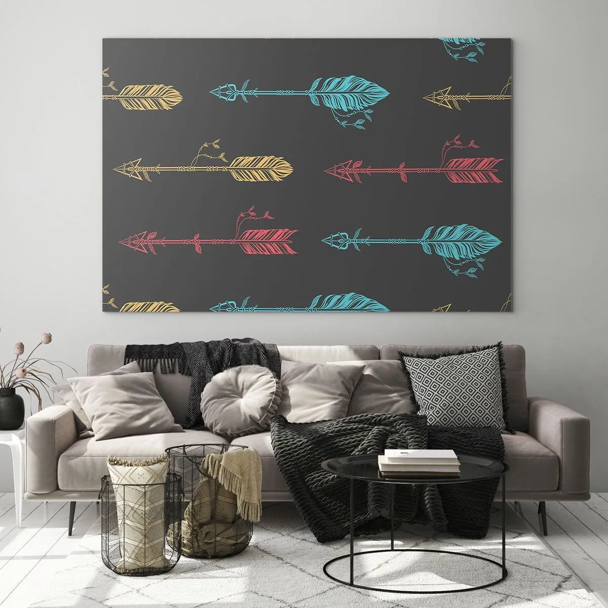 Obraz na szkle - Kolorowe strzały na ciemnym tle w układzie graficznym - 120x80cm - W ordynku - Nowoczesna dekoracja ścienna do salonu, kuchni i sypialni ARTTOR