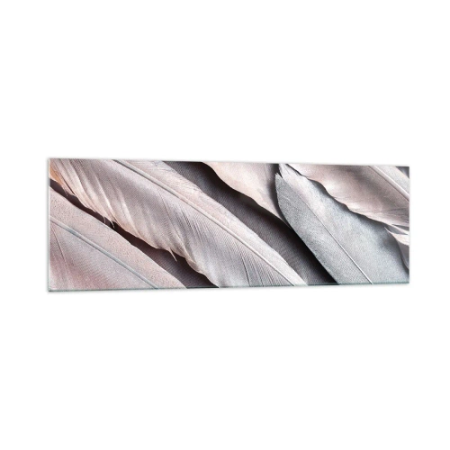 Obraz na szkle - Delikatne pióra w subtelnych odcieniach szarości i beżu - 160x50cm - W różowej srebrzystości - Nowoczesna dekoracja ścienna do salonu i sypialni ARTTOR