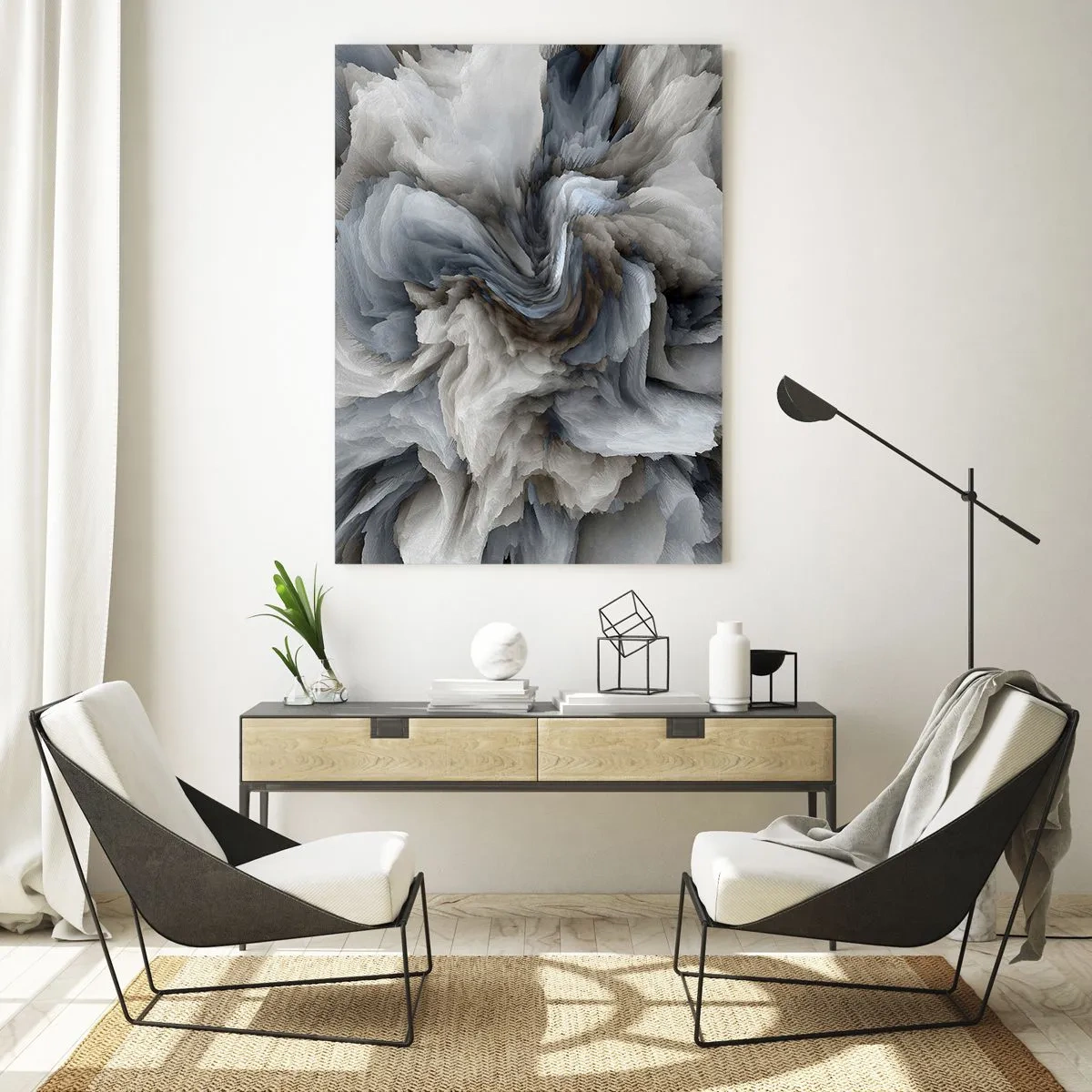 Obraz na szkle - Abstrakcyjna kompozycja przypominająca wirujące pióra - 50x70cm - Kamień i kwiat - Nowoczesna dekoracja ścienna do salonu, kuchni i sypialni ARTTOR
