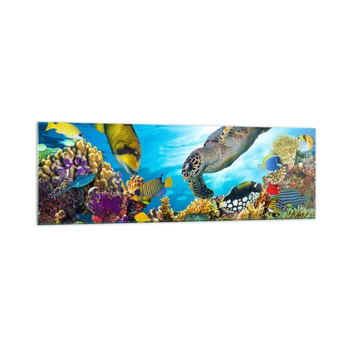 Obraz na szkle - Podwodny świat z kolorowymi rybami i żółwiem w koralowcu - 160x50cm - Koralowa promenada - Nowoczesna dekoracja ścienna do salonu i sypialni ARTTOR