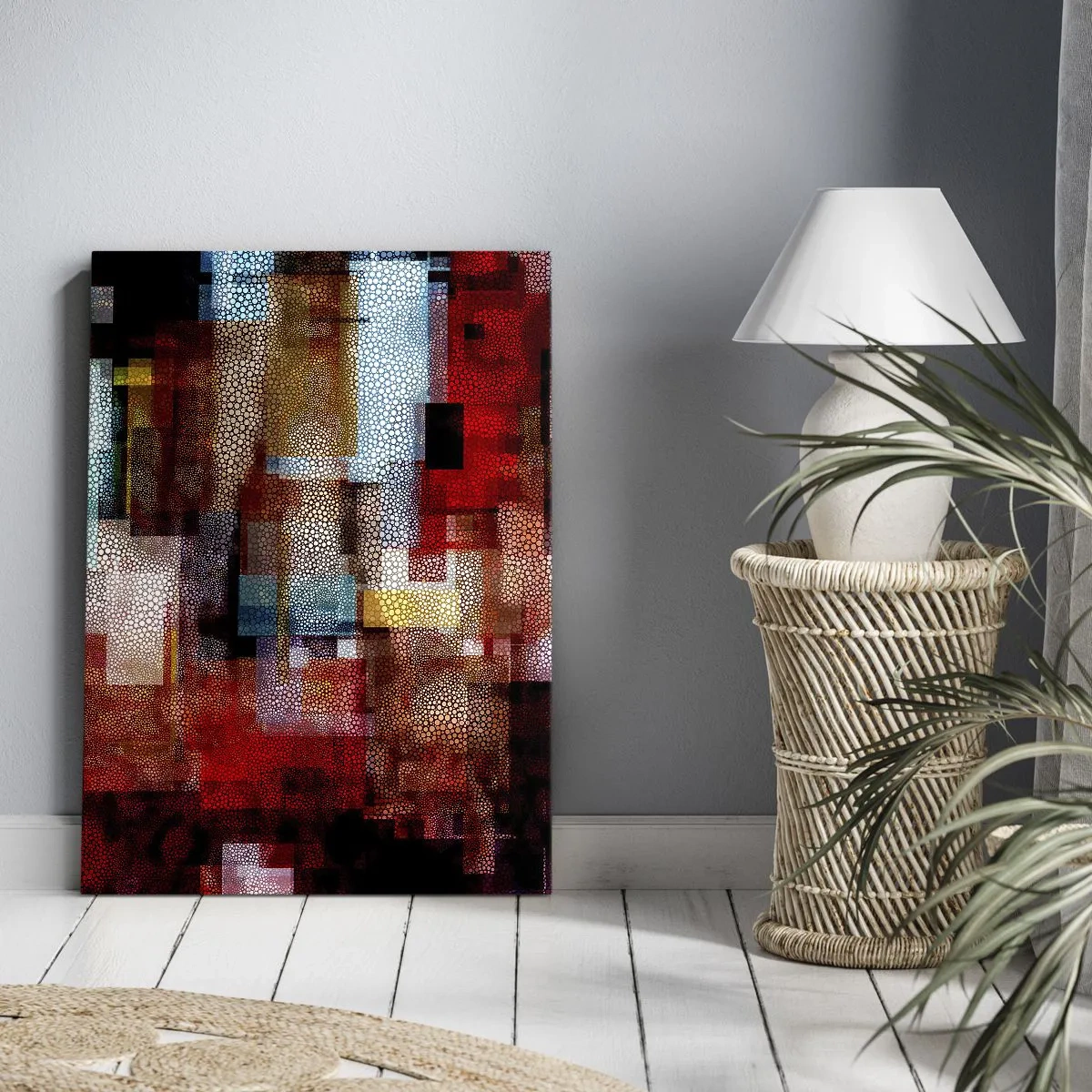 Obraz na płótnie - Geometryczne abstrakcje w odcieniach czerwieni i złota - 50x70cm - Pomieszanie z poplątaniem - Nowoczesna dekoracja ścienna do salonu, kuchni i sypialni ARTTOR