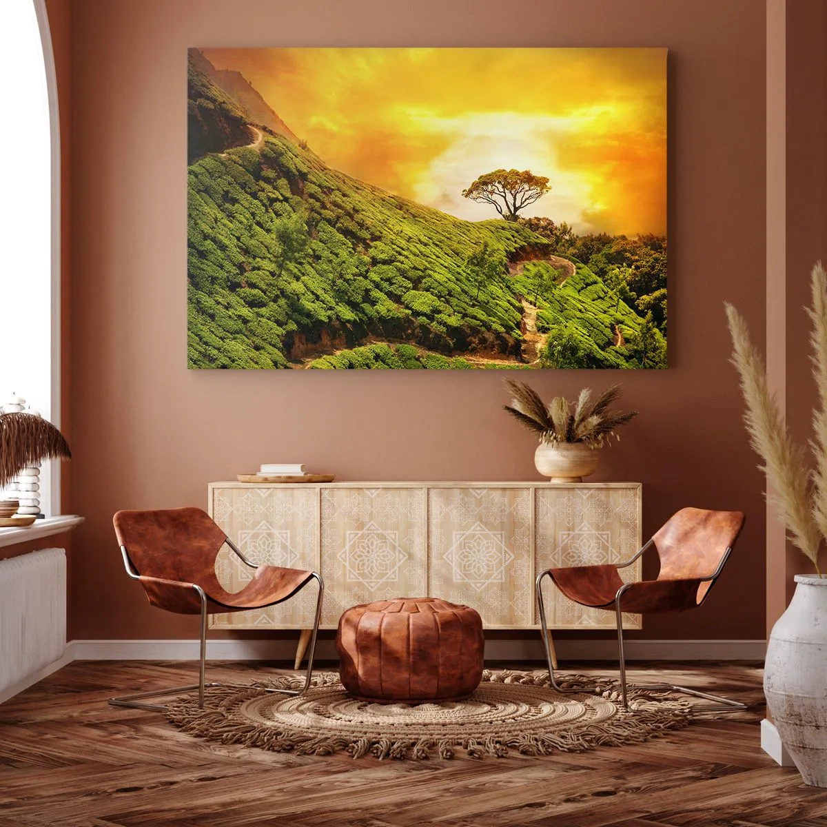 Obraz na płótnie - Zielone wzgórza plantacji herbaty o zachodzie słońca - 70x50cm - Krętą ścieżką, zielonym zboczem - Nowoczesna dekoracja ścienna do salonu i sypialni ARTTOR
