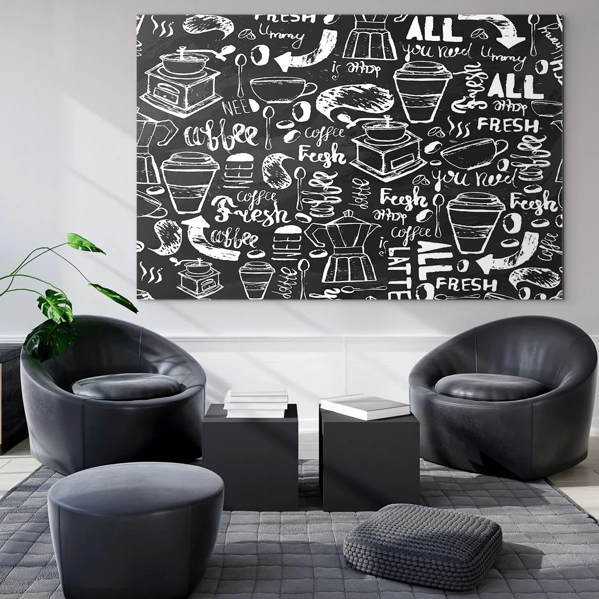 Obraz na szkle - Grafiki kawowe i napisy na czarnym tle w stylu retro - 100x70cm - All you need is… - Nowoczesna dekoracja ścienna do salonu, kuchni i sypialni ARTTOR