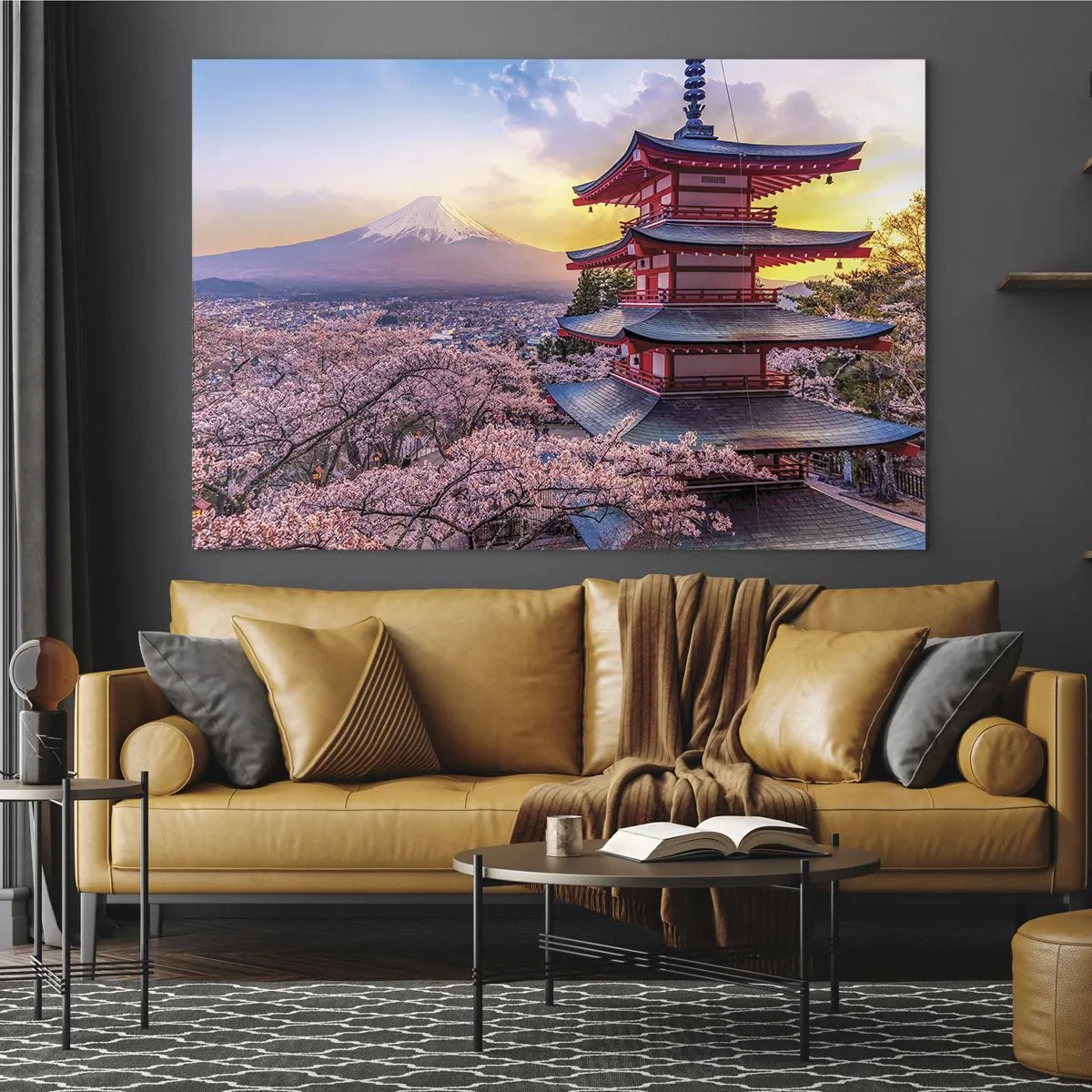 Obraz na szkle - Pagoda w japońskim krajobrazie z widokiem na górę Fuji i kwitnące drzewa - 100x70cm - Esencja japońskiego ducha - Nowoczesna dekoracja ścienna do salonu, kuchni i sypialni ARTTOR