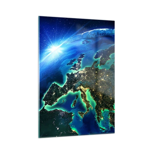 Obraz na szkle - Widok Ziemi z kosmosu z Europą w blasku świateł nocnych - 50x70cm - Roziskrzona Europa - Nowoczesna dekoracja ścienna do salonu, kuchni i sypialni ARTTOR