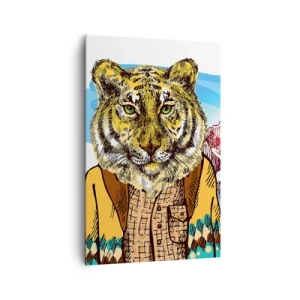 Obraz na płótnie - Tygrys w płaszczu na tle górskiego krajobrazu - 80x120cm - Nie taki dziki jak go rysują - Nowoczesna dekoracja ścienna do salonu i sypialni ARTTOR