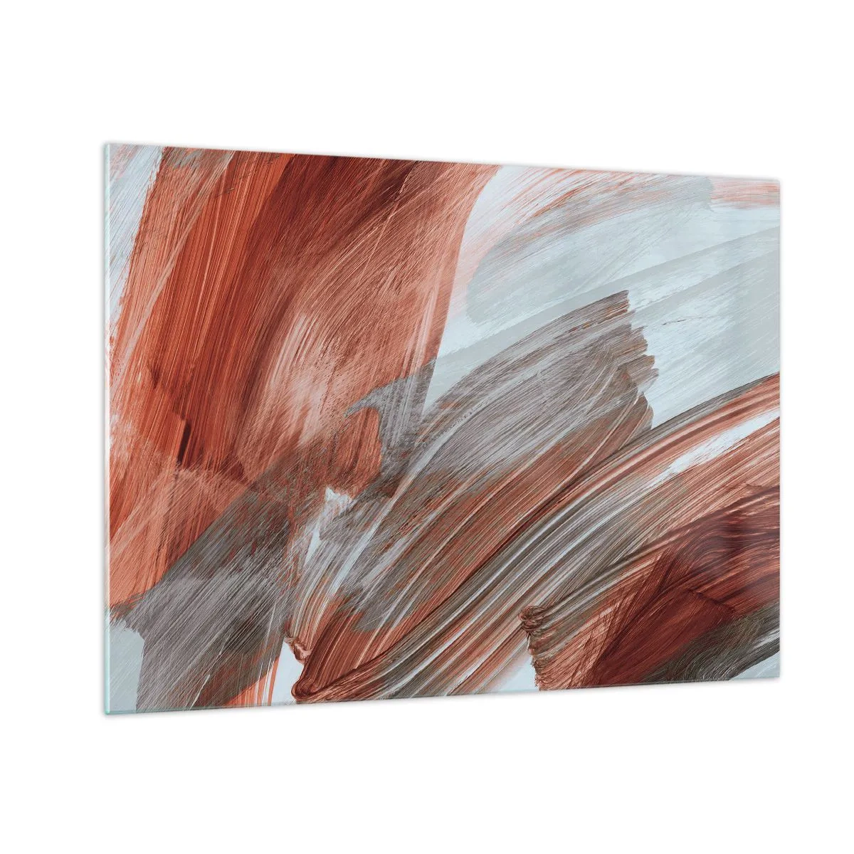 Obraz na szkle - Dynamiczne pociągnięcia pędzla w ciepłych barwach jesieni i chłodnych błękitach - 70x50cm - Abstrakcja jesienna i wietrzna - Nowoczesna dekoracja ścienna do salonu i sypialni ARTTOR