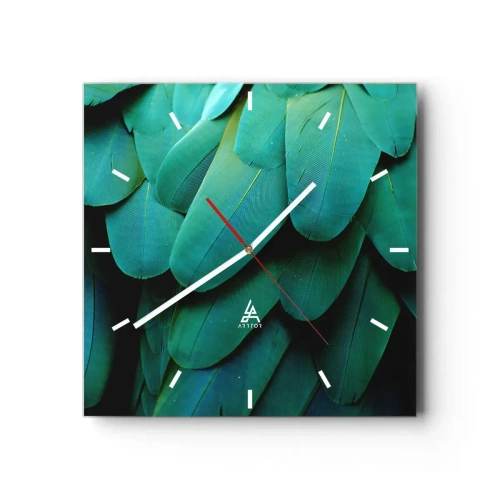 Zegar ścienny - Detal piór w odcieniach zieleni - 30x30cm - Precyzja papuziej natury - Nowoczesna dekoracja ścienna do salonu i sypialni ARTTOR
