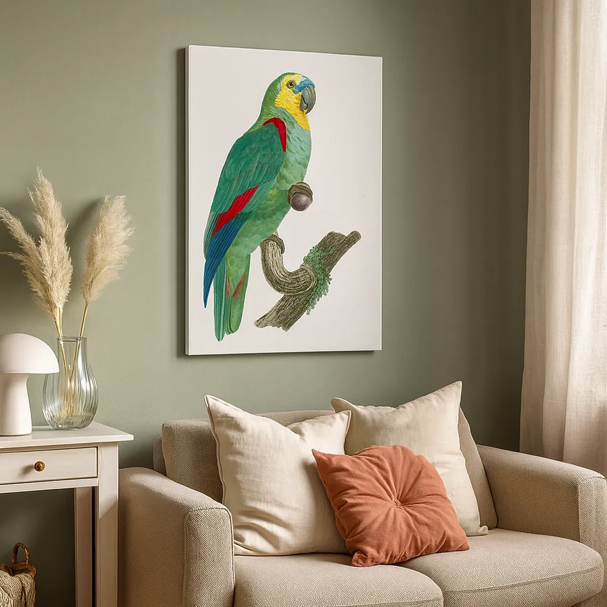 Obraz na płótnie - Kolorowa ilustracja papugi siedzącej na gałęzi na jasnym tle - 50x70cm - Papuzi portret - Nowoczesna dekoracja ścienna do salonu, kuchni i sypialni ARTTOR