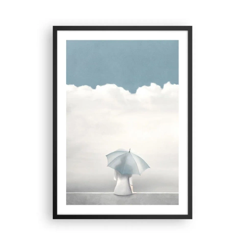 Plakat w czarnej ramie - Postać z parasolem siedząca na krawędzi wśród chmur - 50x70cm - Na krawędzi jawy i marzenia - Nowoczesna dekoracja ścienna do salonu i sypialni ARTTOR