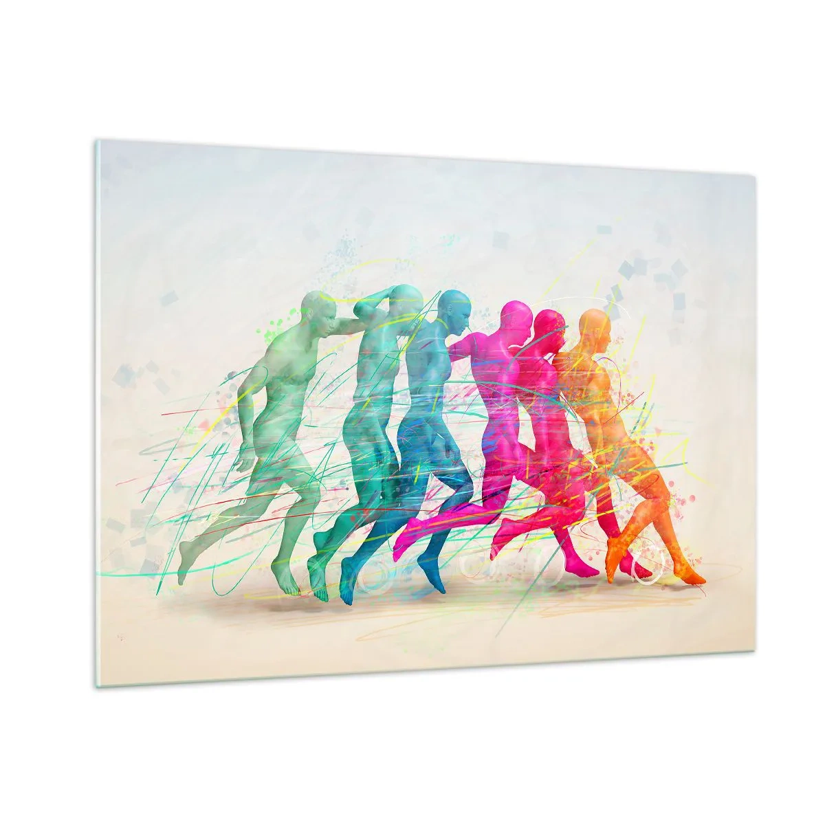 Obraz na szkle - Kolorowa abstrakcja przedstawiająca ruch postaci w biegu - 100x70cm - Harmonia ruchu - Nowoczesna dekoracja ścienna do salonu, kuchni i sypialni ARTTOR