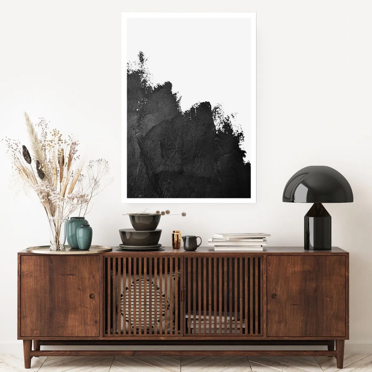 Plakat - Minimalistyczna abstrakcja z czarnym akcentem na białym tle - 50x70cm - Żywioły: ziemia - Nowoczesna dekoracja ścienna do salonu, kuchni i sypialni ARTTOR