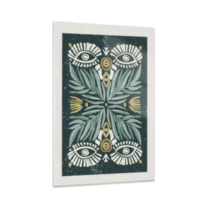 Obraz na szkle - Symetryczny wzór roślinny na zielonym tle - 70x100cm - Jak ludowa wycinanka - Nowoczesna dekoracja ścienna do salonu i sypialni ARTTOR