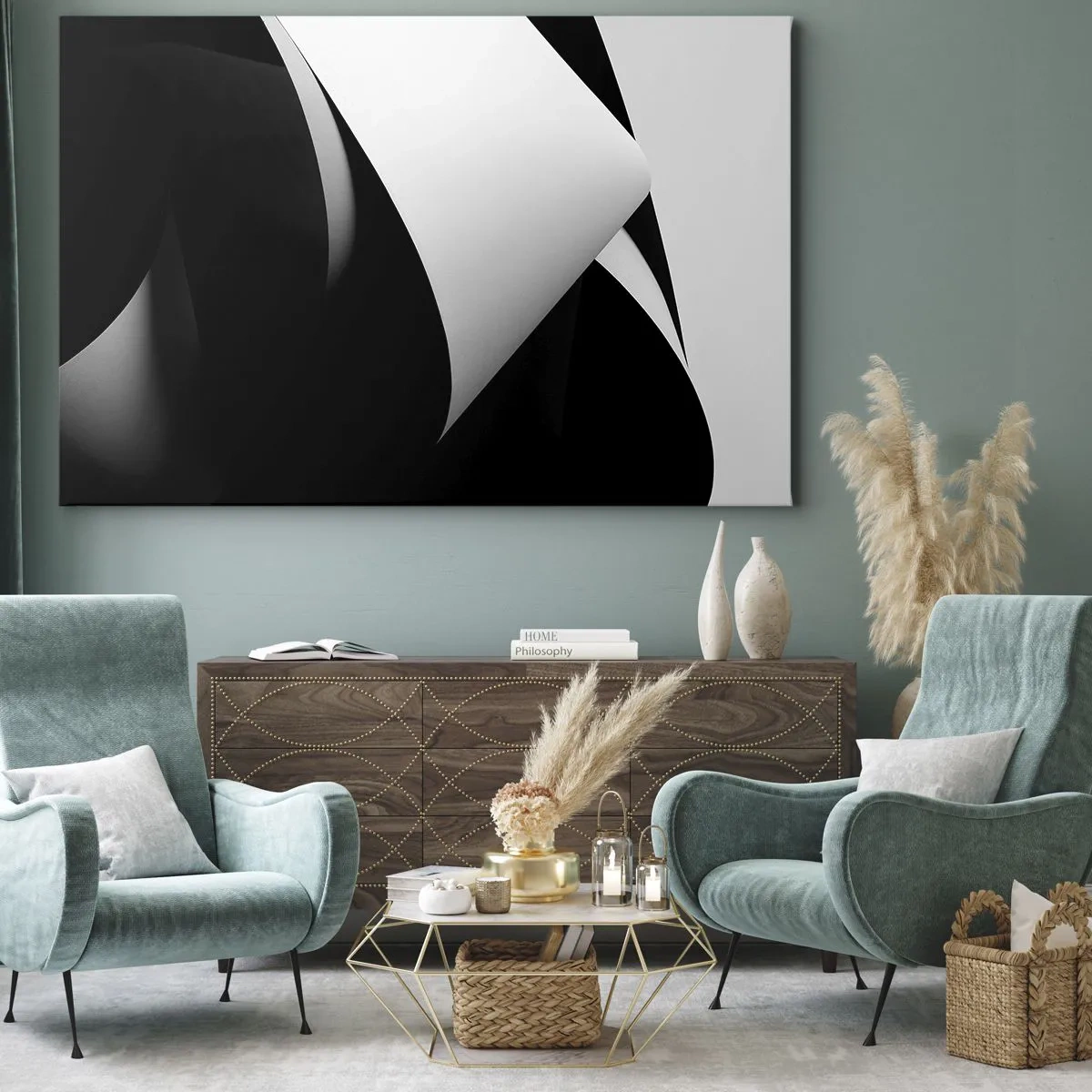 Obraz na płótnie - Abstrakcyjne kształty w czerni i bieli z wyrazistymi kontrastami - 70x50cm - Płaszczyzny światła z głębi cienia - Nowoczesna dekoracja ścienna do salonu i sypialni ARTTOR