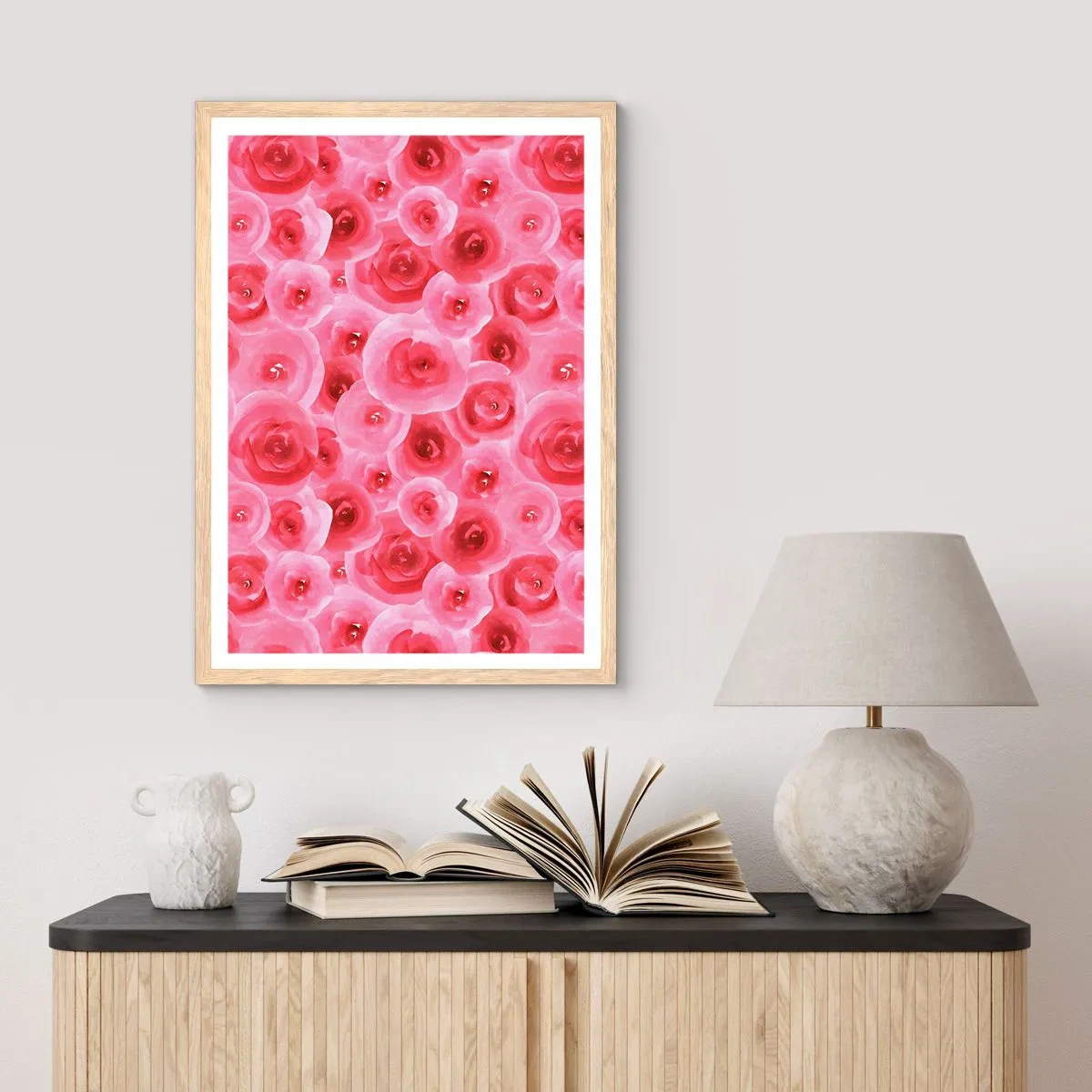 Plakat w ramie jasny dąb - Róże na dole i na górze - 50x70 cm
