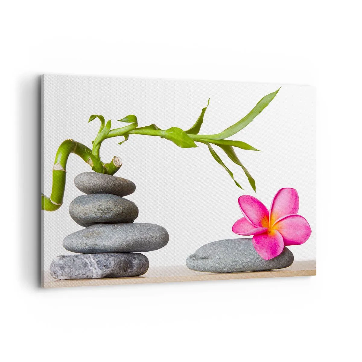 Obraz na płótnie - Bambus i różowy kwiat na kamieniach w stylu zen - 120x80cm - Kolory życia i trwania - Nowoczesna dekoracja ścienna do salonu, kuchni i sypialni ARTTOR