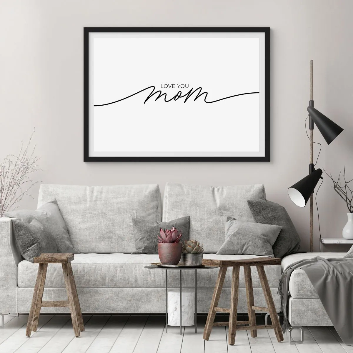 Plakat w czarnej ramie - Minimalistyczny napis Love You Mom na białym tle - 70x50cm - Wielkie wzruszenie - Nowoczesna dekoracja ścienna do salonu i sypialni ARTTOR