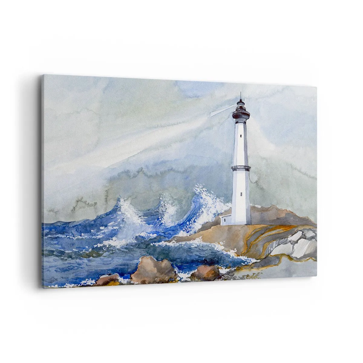 Obraz na płótnie - Latarnia morska na skalistym brzegu z wzburzonym morzem - 100x70cm - Przeciwko ciemności i nawałnicy - Nowoczesna dekoracja ścienna do salonu, kuchni i sypialni ARTTOR