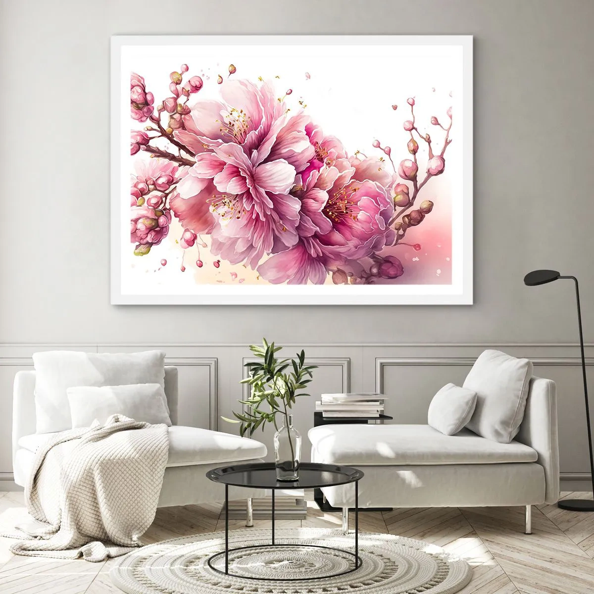 Plakat w białej ramie - Kwiat kwitnącej wiśni - 50x40 cm