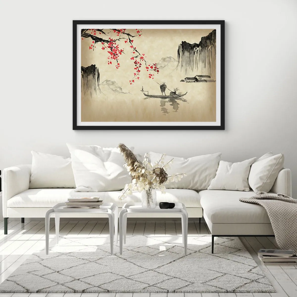Plakat w czarnej ramie - Orientalna ilustracja z łodzią i kwitnącą gałęzią - 70x50cm - W kraju kwitnącej wiśni - Nowoczesna dekoracja ścienna do salonu i sypialni ARTTOR