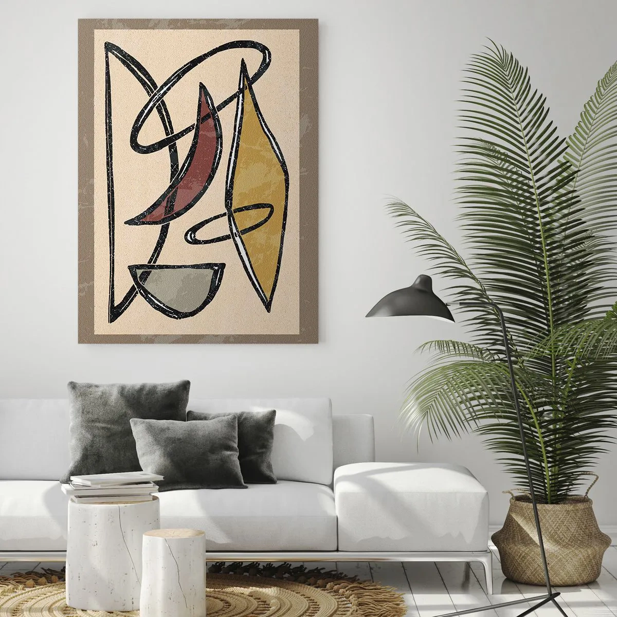 Obraz na szkle - Abstrakcyjna kompozycja geometryczna z czarnymi liniami na beżowym tle - 80x120cm - Kompozycja – łuki i owale - Nowoczesna dekoracja ścienna do salonu i sypialni ARTTOR