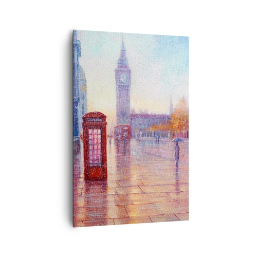 Obraz na płótnie - Londyńska ulica z Big Benem w deszczowy dzień - 80x120cm - Londyński jesienny dzień - Nowoczesna dekoracja ścienna do salonu i sypialni ARTTOR
