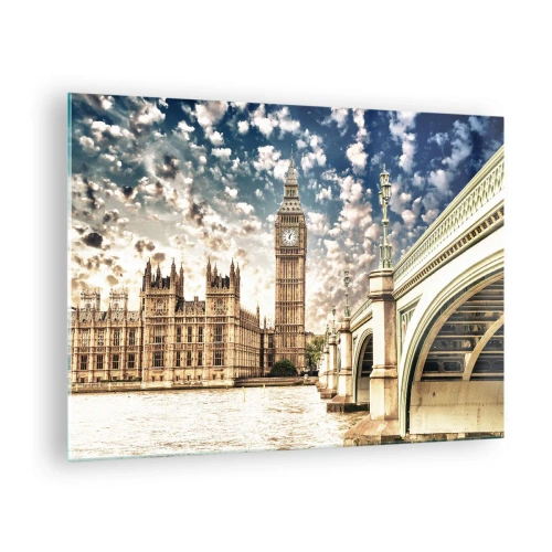 Obraz na szkle - Big Ben i most Westminster w Londynie - 70x50cm - Pierzaste obłoki nad  Tamizą - Nowoczesna dekoracja ścienna do salonu i sypialni ARTTOR