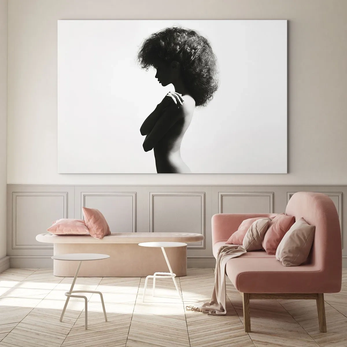 Obraz na szkle - Kobiecy akt w kontrastowym czarno-białym świetle - 70x50cm - Jak kwiat na smukłej łodydze - Nowoczesna dekoracja ścienna do salonu i sypialni ARTTOR