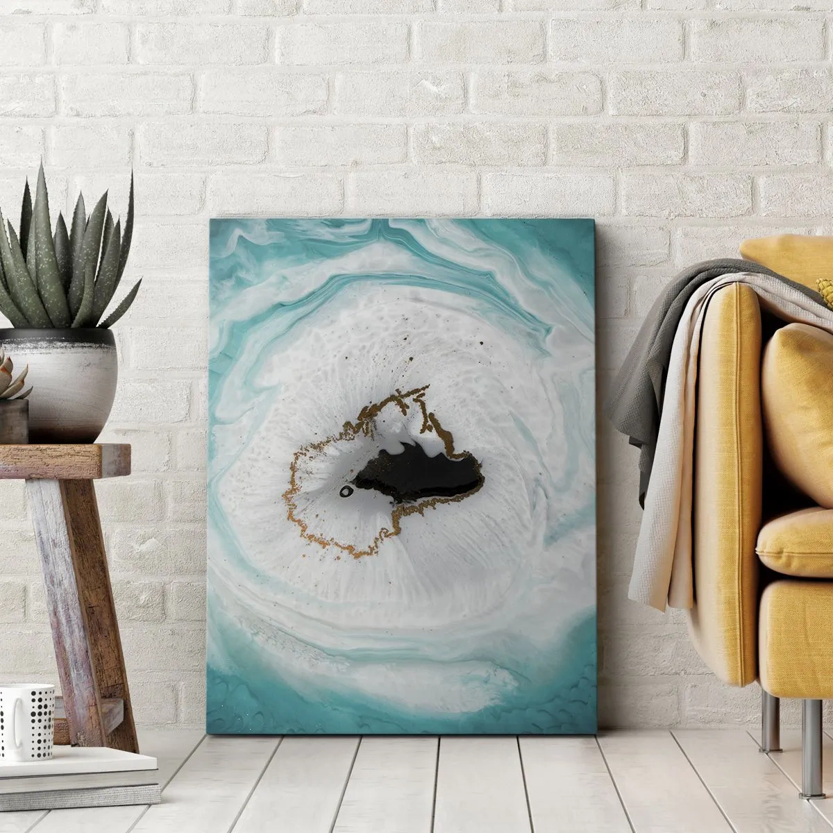 Obraz na płótnie - Abstrakcyjna kompozycja przypominająca przekrój geody w odcieniach turkusu, bieli i złota - 50x70cm - Wniknąć do wnętrza - Nowoczesna dekoracja ścienna do salonu, kuchni i sypialni ARTTOR