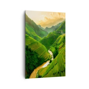 Obraz na płótnie - Malownicze tarasy ryżowe w zielonej dolinie oświetlone zachodzącym słońcem - 80x120cm - Wietnamska dolina - Nowoczesna dekoracja ścienna do salonu i sypialni ARTTOR