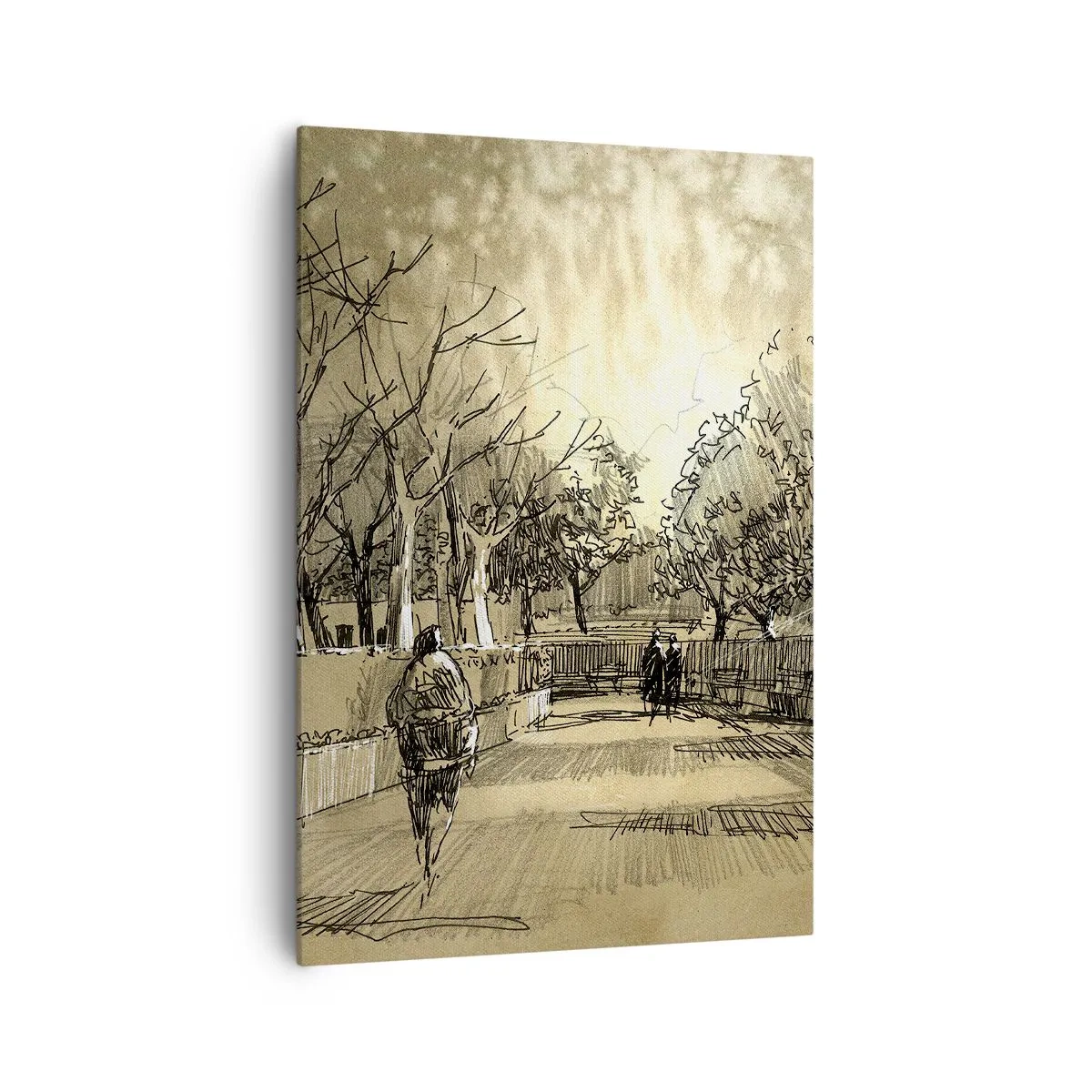 Obraz na płótnie - Rysunkowa scena z parkiem i spacerującymi ludźmi w ciepłych odcieniach - 70x100cm - Piórkiem zatrzymana chwila - Nowoczesna dekoracja ścienna do salonu i sypialni ARTTOR