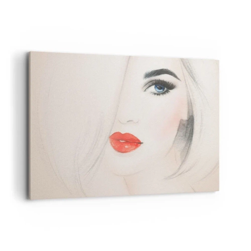 Obraz na płótnie - Minimalistyczny portret kobiety z niebieskim okiem i czerwonymi ustami - 120x80cm - Hipnotyzuje i odurza - Nowoczesna dekoracja ścienna do salonu, kuchni i sypialni ARTTOR