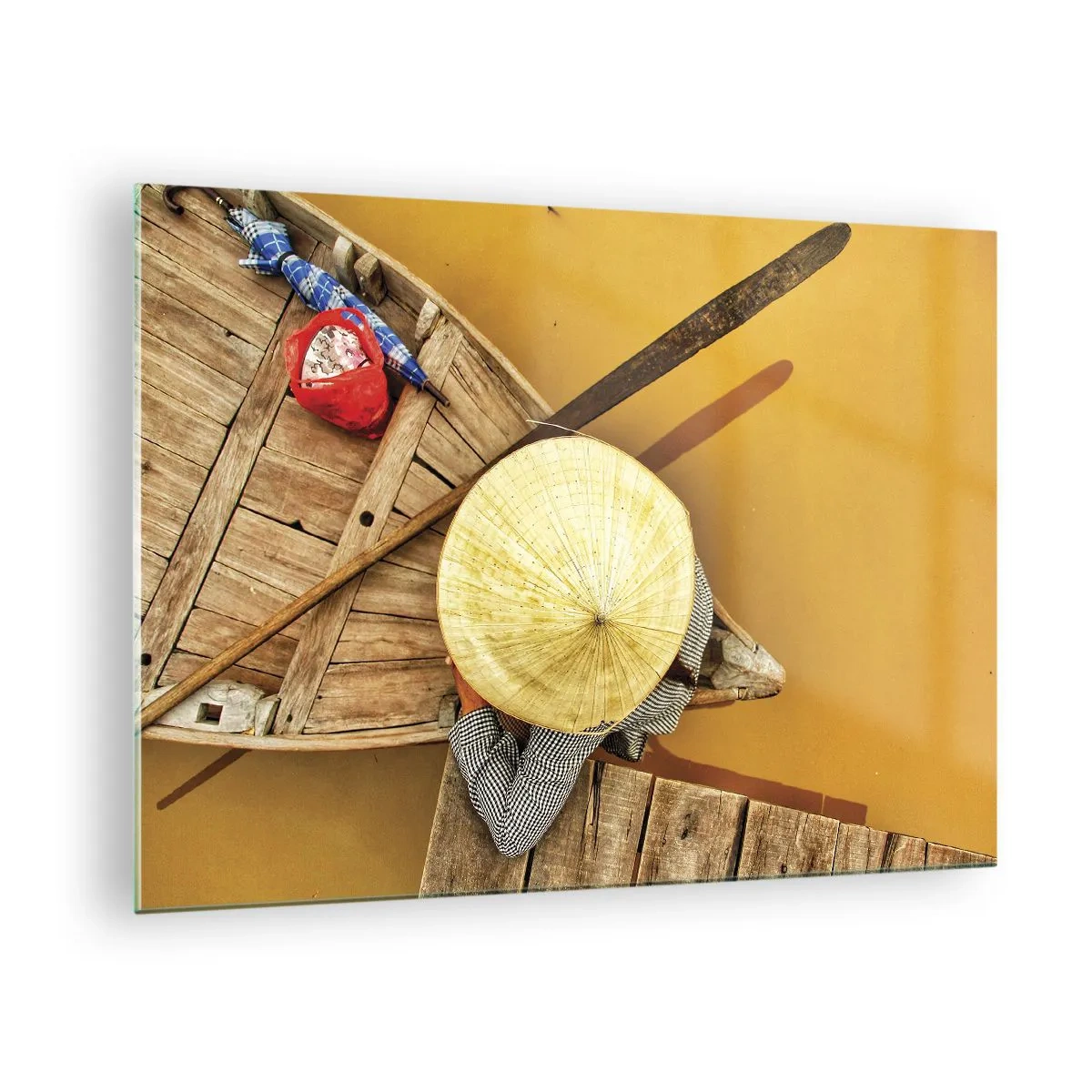 Obraz na szkle - Widok z góry na łódź i osobę w stożkowym kapeluszu - 70x50cm - Życie na żółtej rzece - Nowoczesna dekoracja ścienna do salonu i sypialni ARTTOR