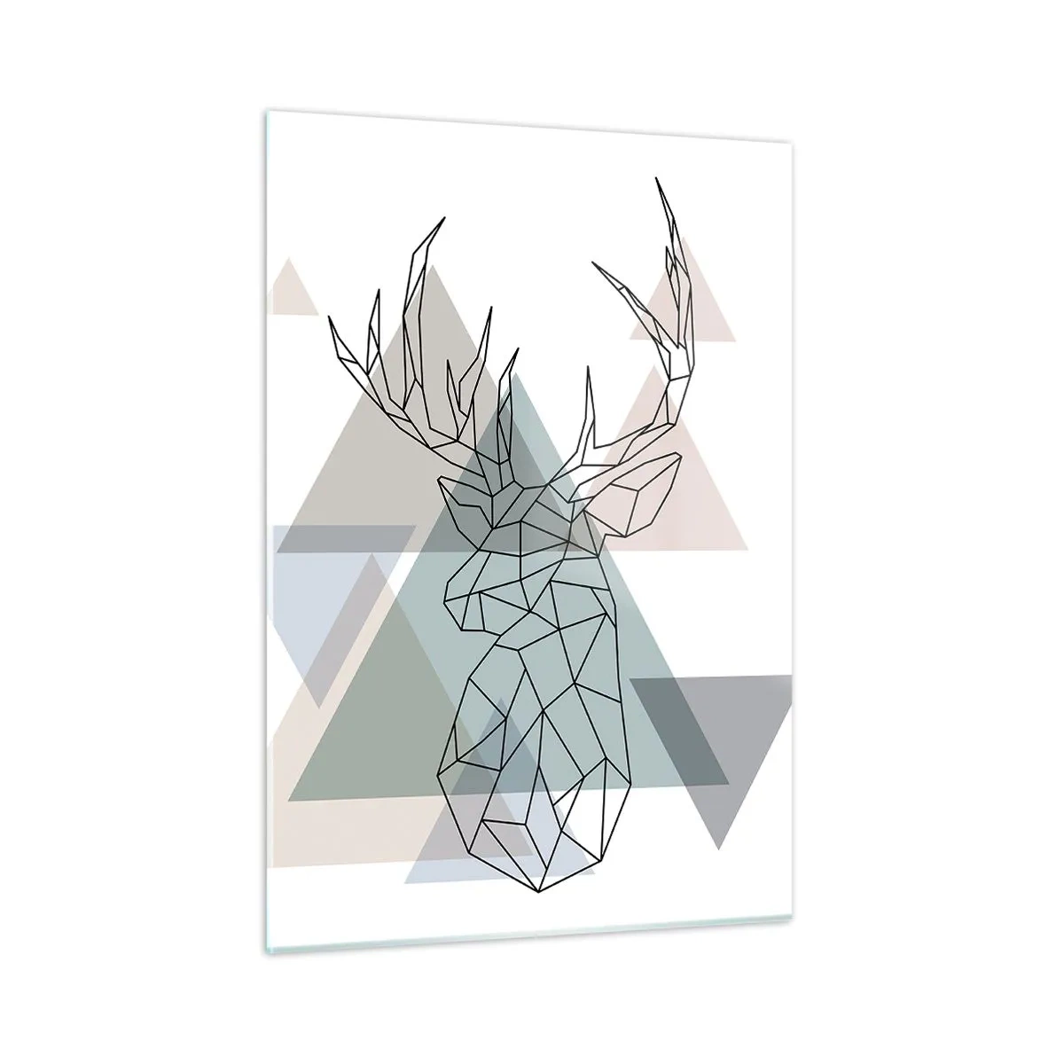 Obraz na szkle - Geometryczny rysunek jelenia na tle pastelowych trójkątów - 50x70cm - W geometrycznym lesie - Nowoczesna dekoracja ścienna do salonu, kuchni i sypialni ARTTOR